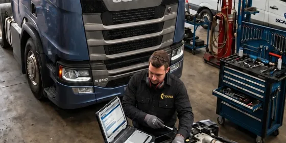 Técnico da Ceará com um notebook de diagnóstico ao lado do motor de um caminhão, na oficina
