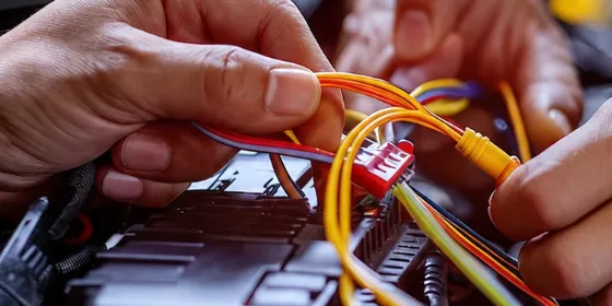 Mão de um técnico segurando um conector do chicote elétrico de um veículo