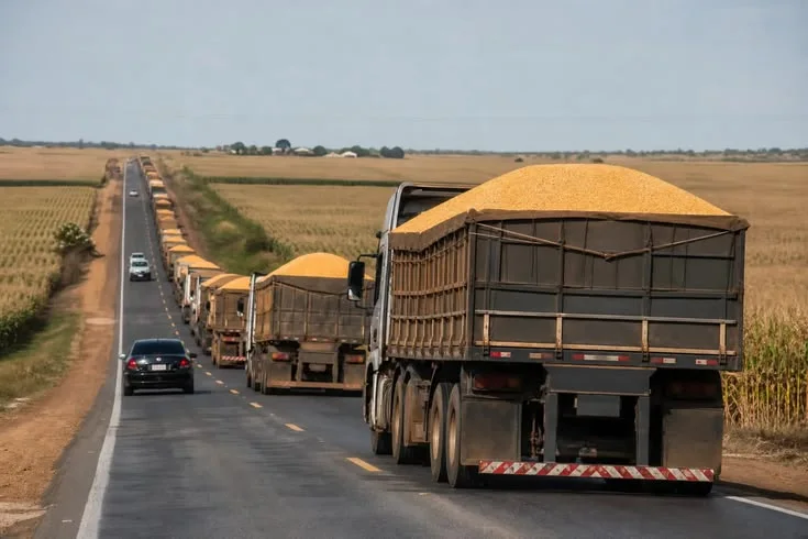 Fila de caminhões graneleiros carregados de grãos numa estrada entre plantações
